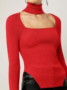 SHEIN Privé Solid Choker Neck Asymmetrical Hem Sweater - Red - View 5