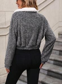 SHEIN LUNE Cổ áo Borg Thả vai Dây kéo 	
Fuzzy Áo khoác - Xám - Xem 2