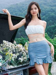 DAZY Ruched Ruffle Hem Bandeau Bikini Set Summer,Beach Women Outfits,Tankini Bathing Suit - Blue and White - View 4