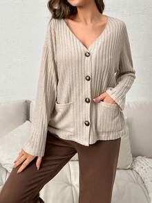 Dual Pocket Drop Shoulder Lounge Top - Apricot - View 5