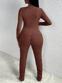 Slaydiva Áo thun dệt kim gân dài tay cổ lọ nhỏ Slayr Casual Home và quần xếp ly xẻ tà màu đỏ nâu sọc chải dành cho nữ Bộ đồ bó sát hai mảnh - màu nâu - Xem 2