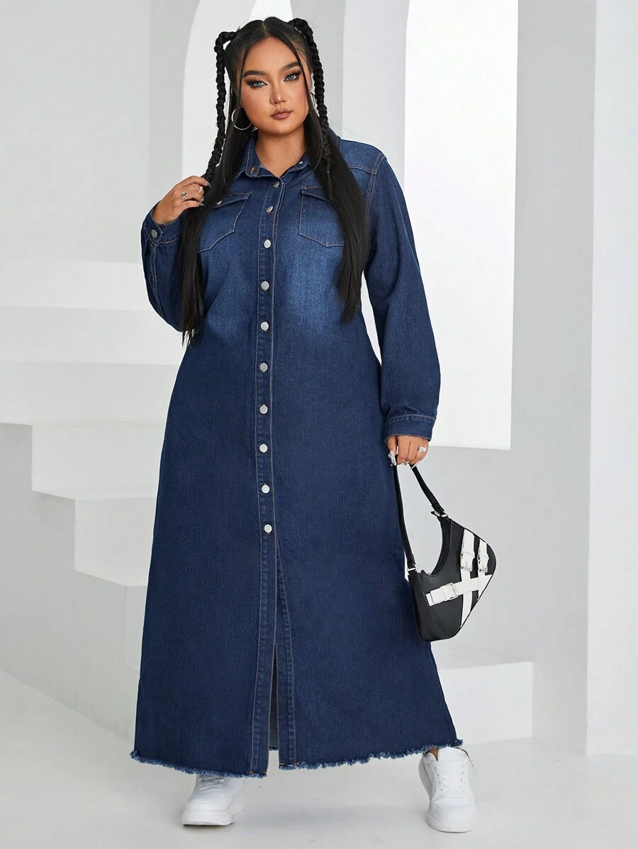 SHEIN EZwear Hơn Túi có nắp Raw Hem Đầm Denim - Rửa tối - Xem 1