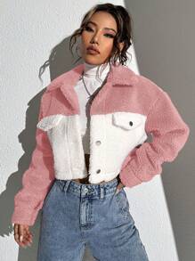 SHEIN Unity Hai âm Thả vai Mùa vụ Áo Teddy Jackets - Màu Hồng baby - Xem 6