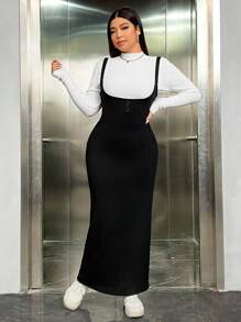 SHEIN EZwear Plus Size Button Detail Suspender Dress Without T-shirt - Black - View 3