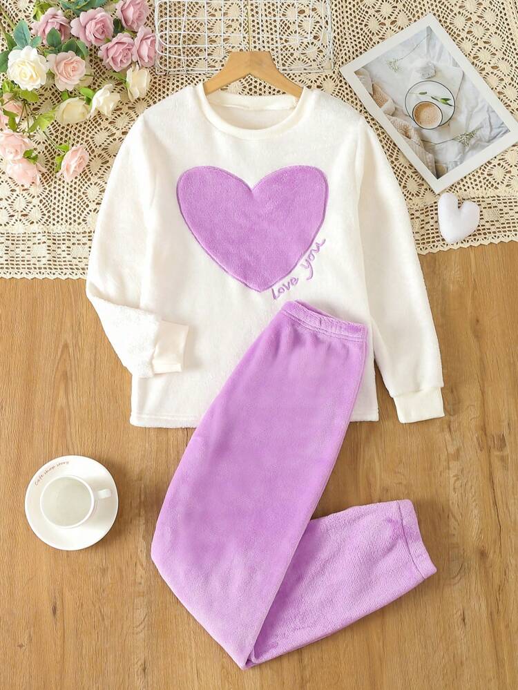 Tween Girl Contrast Letter Heart Embroidered Pajama Set