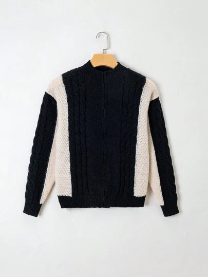 Chico adolescente Cárdigan de color combinado tejido de cable con cremallera