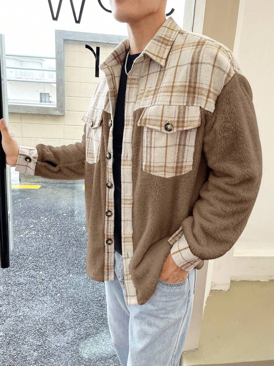 Manfinity EMRG 寬鬆版型男士格子下垂著肩長袖夾克,帶有袋蓋口袋 - 棕色 - 查看 1