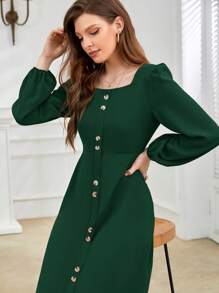 Mulvari Cổ vuông Tay áo lồng đèn Nút phía trước Váy A Line - Màu xanh lá cây đậm - Xem 6