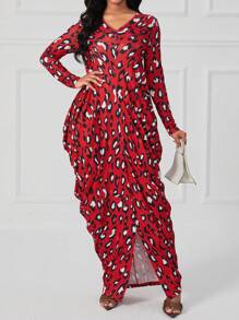 SHEIN Lady Leopard Print Draped Side Dress - Red - View 1