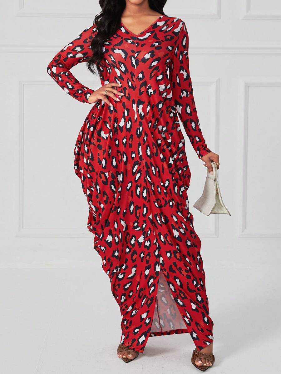 SHEIN Lady Leopard Print Draped Side Dress - Red - View 1