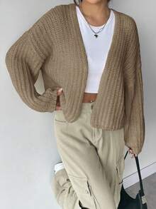 SHEIN Qutie Áo Cardigan thiết kế giản dị thả vai - Màu Khaki - Xem 4