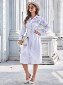 GENKIRA Striped Print Ruffle Trim Belted Shirt Dress - Blue - View 6