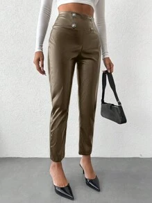 SHEIN Vrouwen PU Broeken Met knop Details