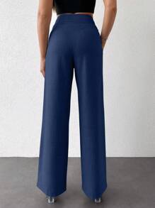 EURMUSE Straight High Waisted Straight Suit Pants With Slant Pockets - Navy Blue - View 2