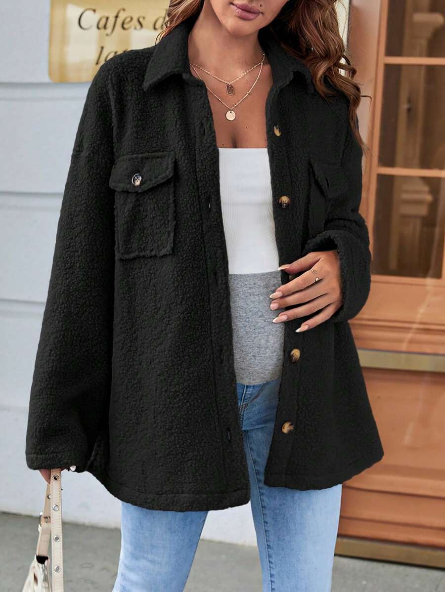 SHEIN 孕婦落肩袖翻蓋口袋絨毛外套 - 黑色 - 查看 1
