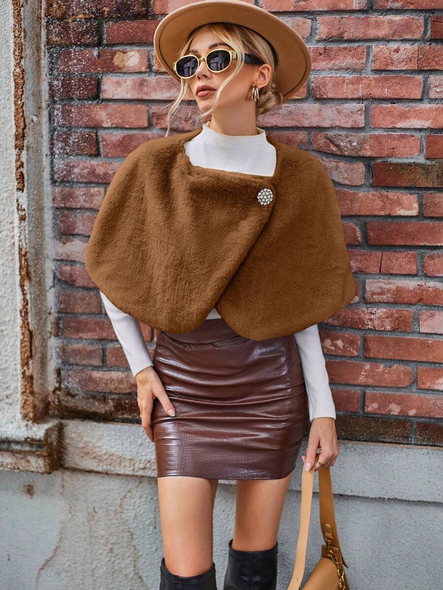 SHEIN Privé Solid Button Front Fuzzy Cape Coat - Brown - View 1