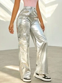 Rave Metallic Holographic Flap Pocket Side Drawstring Waist Wide Leg Cargo Parachute Pants - Silver - View 5