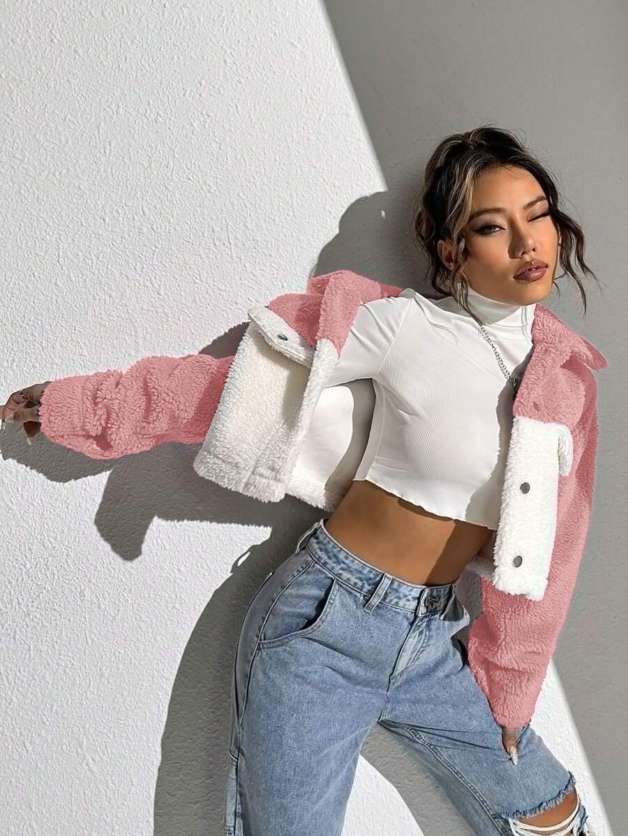 SHEIN Unity Hai âm Thả vai Mùa vụ Áo Teddy Jackets - Màu Hồng baby - Xem 1