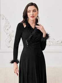 Modelyn Women's Plush Sleeve Cuff Hollow Out Knit Dress Long Evening Dresses