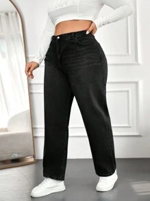 EURMUSE Women's Plus Size Cone Shape Jeans With Diagonal Pockets - Black - View 5