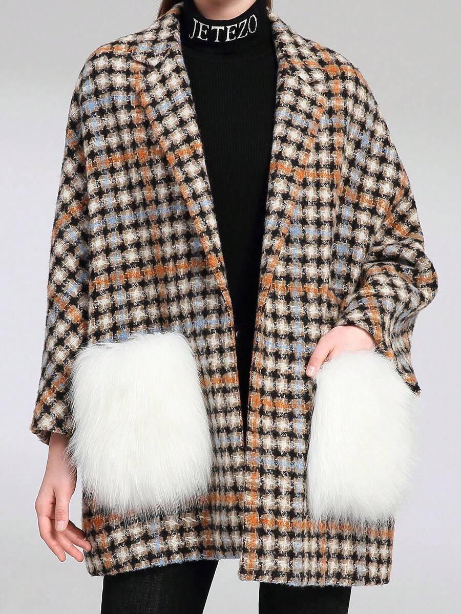 Plaid Print Contrast Fuzzy Pocket Open Front Coat - Multicolor - View 1