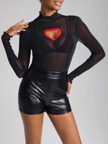 HARRY PAREMOC Designer Women Heart Pattern Lettuce Trim Mock Neck Sheer Mesh Bodysuit Without Lingerie Set, For Holiday, Festival - Black - View 6