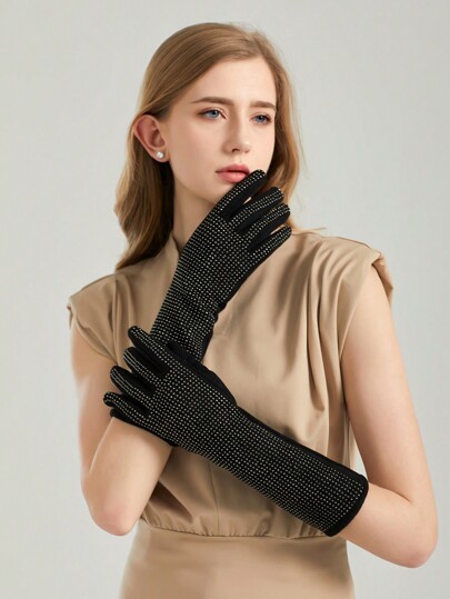 SHEIN BAE 1pair Shiny & Embellished Long Gloves With Hotfix Rhinestone Party,School