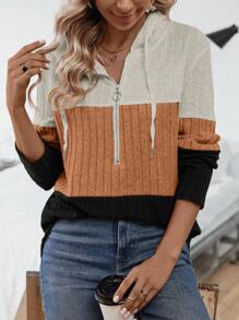 SHEIN LUNE Khối màu Một nửa khóa kéo Dây rút Hoodie - Nhiều màu - Xem 5