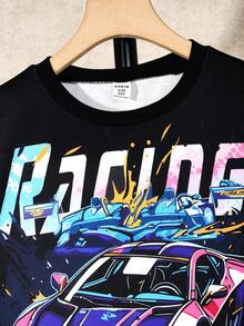 SHEIN Cậu bé Tween Đồ họa ô tô và chữ cái Áo nỉ & Chi tiết chuỗi Quần - màu đen - Xem 7