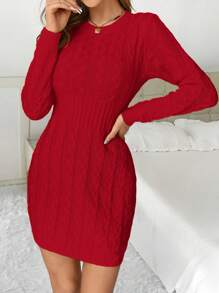 SHEIN Privé Solid Cable Knit Sweater Dress In Fall/Winter - Red - View 6