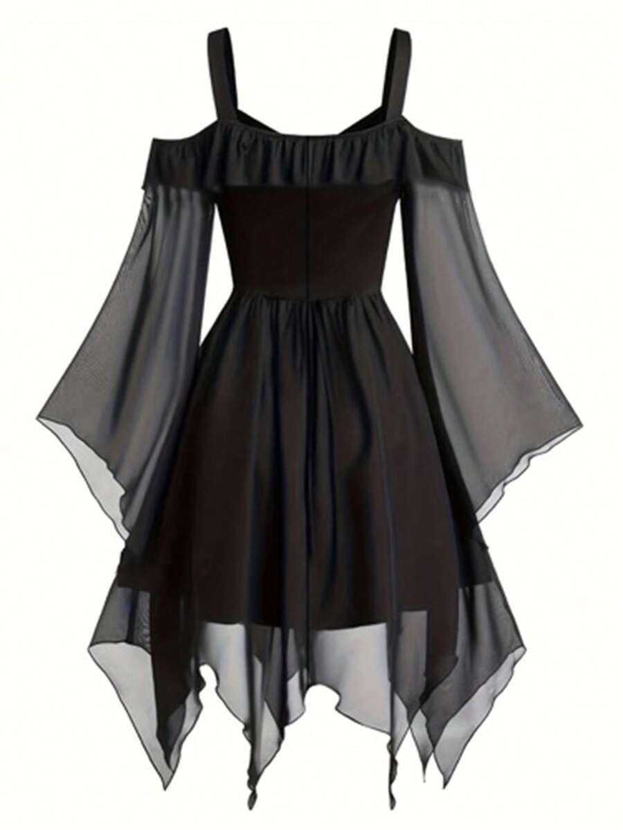 大碼女士吊帶露肩大擺袖不規則扣子連身裙 - 黑色 - 查看 1