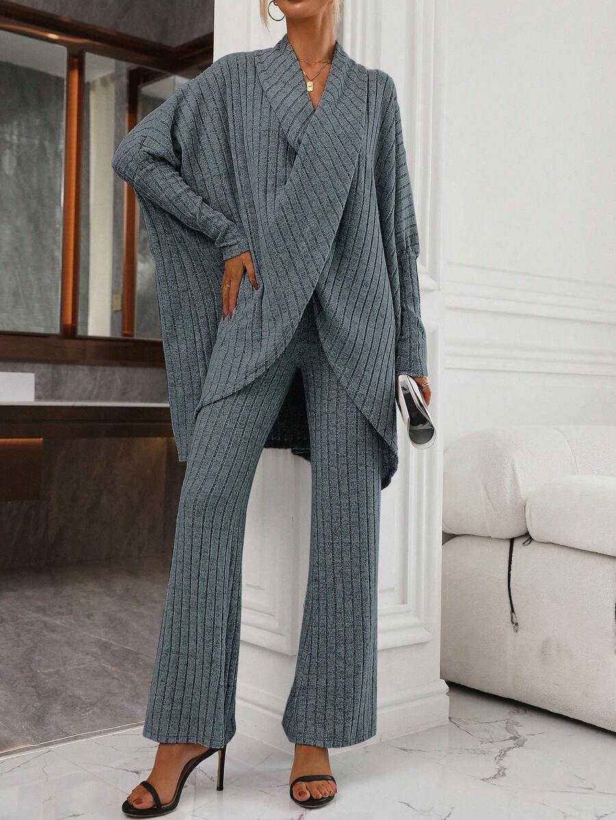 SHEIN LUNE Batwing Sleeve Wrap Cross Top & Flare Leg Pants - Dusty Blue - View 1