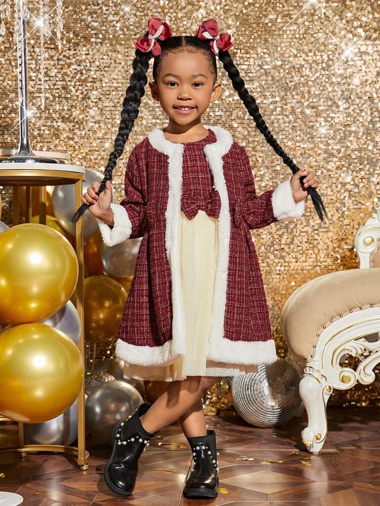 Young Girl Plaid Print Bow Front Mesh Hem Dress & Fuzzy Trim Coat