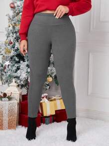 SHEIN Essnce Women'S Plus Size Warm Thermal Lined Leggings For Christmas & New Year - Dark Grey - View 6