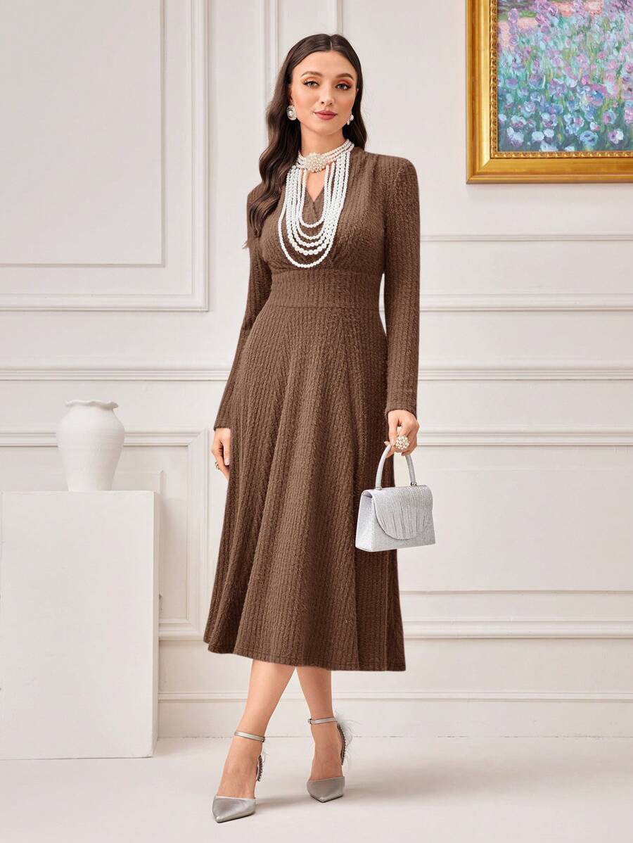 Modelyn Solid A-Line Dress Without Necklace Dress For Churches Long Evening Dresses - Coffee - View 1