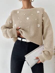 Women's Faux Pearl Flower Decor Drop Shoulder Sweater - Beige - View 6