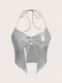 SHEIN ICON 心环相连後背繫帶下擺開叉金屬質感掛脖上衣 - 白色 - 查看 1