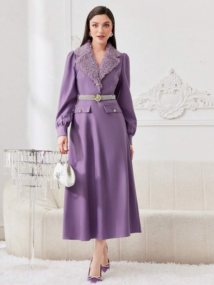 Women's Plush Collar Puff Sleeve Dress Long Evening Dresses