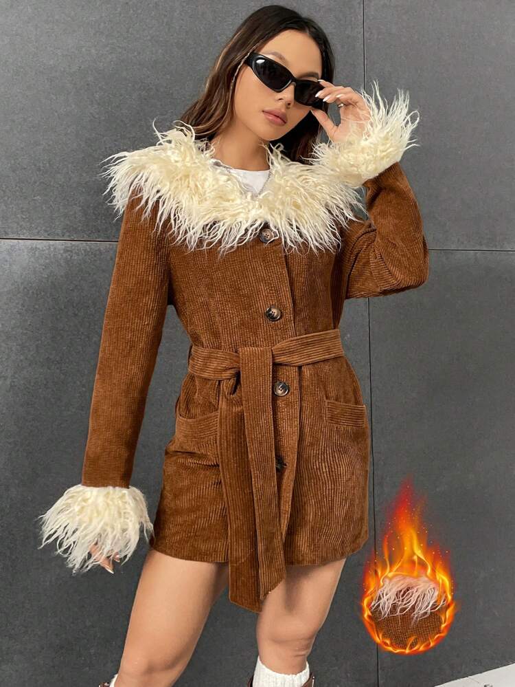 Ladies' Brown Regular Jacket With Furry Cuffs And Woven Surface