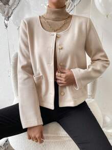 SHEIN LUNE Dual Pocket Button Front Overcoat - Apricot - View 3
