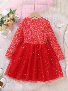 SHEIN 女小童字母圖案前蝴蝶結網紗邊洋裝 - 紅色 - 查看 2