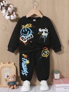 SHEIN Baby Boy Cartoon Graphic Sweatshirt & Sweatpants - Black - View 2