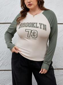 SHEIN Essnce Của phụ nữ Kích thước lớn Lá thư In Màu sắc Chặn Tay Raglan Áo thun - Nhiều màu - Xem 6