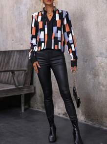 SHEIN LUNE Geo Print Notched Neckline Shirt - Multicolor - View 4