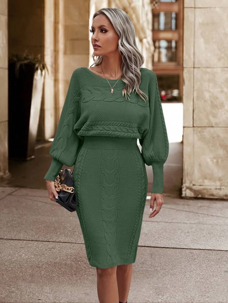 Cable Knit Batwing Sleeve Sweater Dress Fall Winter Cloth For Women