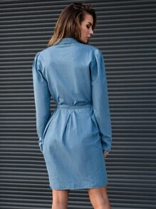 RueChic Button Front Belted Denim Dress - Light Wash - View 2