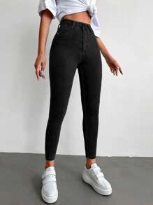 EURMUSE 96% Cotton High Waist Skinny Cropped Jeans - Dark Grey - View 4