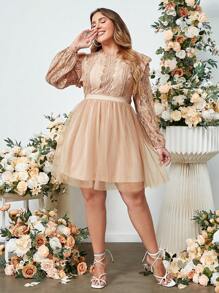 Plus Size Women's Summer New Elegant Mini Mesh Dress, Delicate Lace Patchwork A-Line Flare Hem Dress, Suitable For Wedding, Party, Birthday Spring - Champagne - View 4