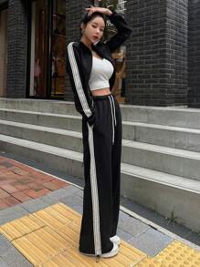 DAZY 女款粗條紋側邊拉鍊前開外套和長褲套裝 - 黑色 - 查看 4