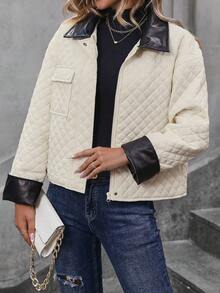 SHEIN Privé Contrast Collar Flap Pocket Drop Shoulder Quilted Padded Coat Clothes Winter - Black and White - View 4